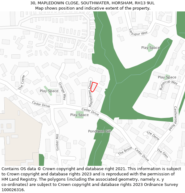 30, MAPLEDOWN CLOSE, SOUTHWATER, HORSHAM, RH13 9UL: Location map and indicative extent of plot