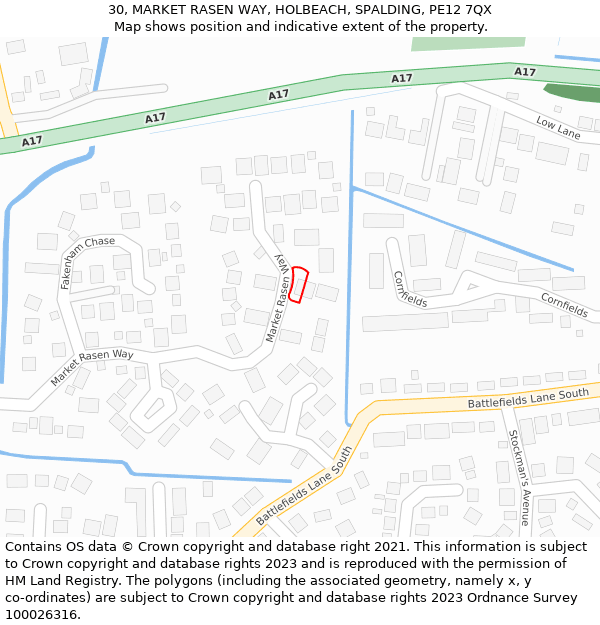 30, MARKET RASEN WAY, HOLBEACH, SPALDING, PE12 7QX: Location map and indicative extent of plot