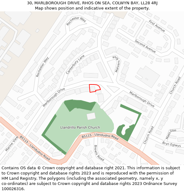 30, MARLBOROUGH DRIVE, RHOS ON SEA, COLWYN BAY, LL28 4RJ: Location map and indicative extent of plot