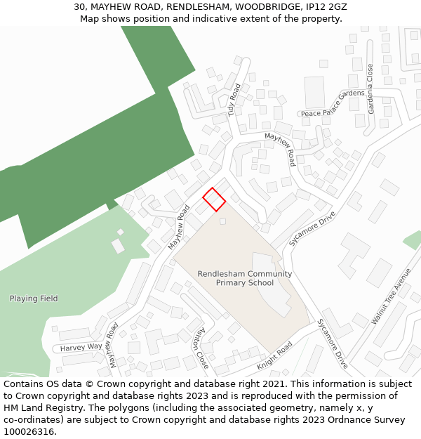 30, MAYHEW ROAD, RENDLESHAM, WOODBRIDGE, IP12 2GZ: Location map and indicative extent of plot