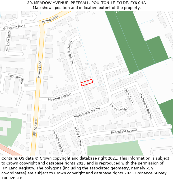 30, MEADOW AVENUE, PREESALL, POULTON-LE-FYLDE, FY6 0HA: Location map and indicative extent of plot
