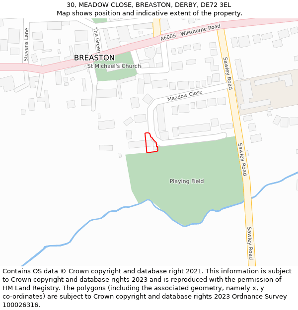 30, MEADOW CLOSE, BREASTON, DERBY, DE72 3EL: Location map and indicative extent of plot