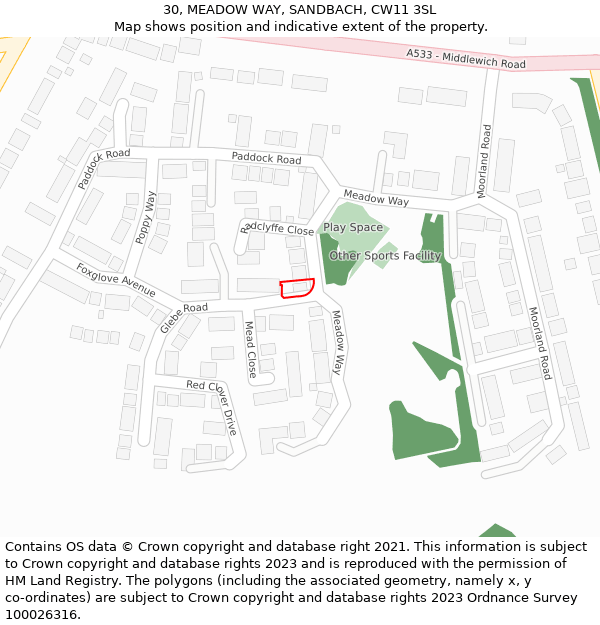 30, MEADOW WAY, SANDBACH, CW11 3SL: Location map and indicative extent of plot
