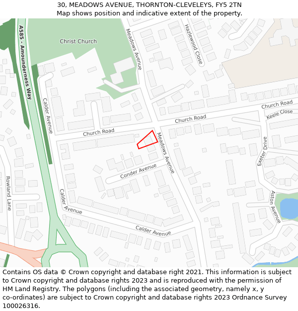 30, MEADOWS AVENUE, THORNTON-CLEVELEYS, FY5 2TN: Location map and indicative extent of plot