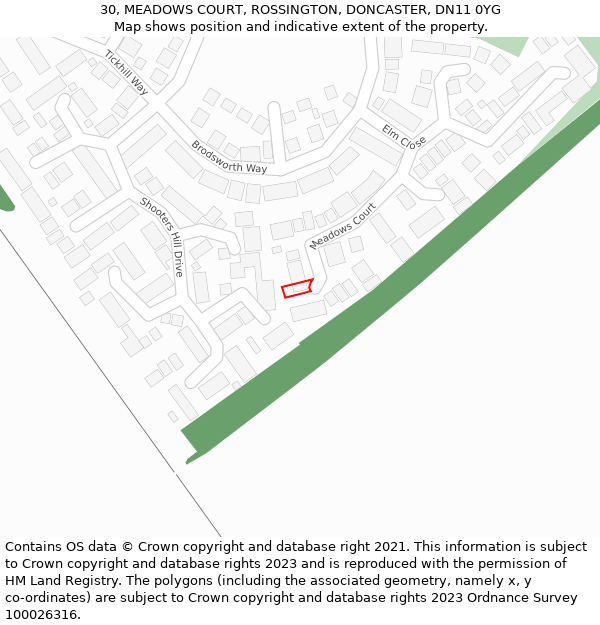 30, MEADOWS COURT, ROSSINGTON, DONCASTER, DN11 0YG: Location map and indicative extent of plot