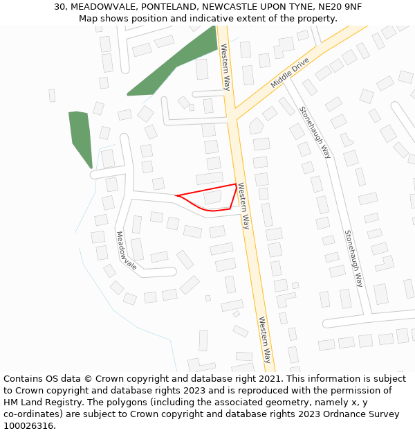 30, MEADOWVALE, PONTELAND, NEWCASTLE UPON TYNE, NE20 9NF: Location map and indicative extent of plot
