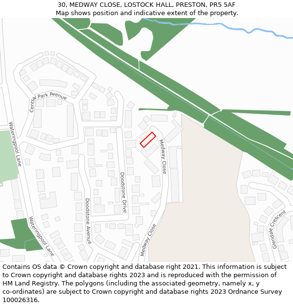 30, MEDWAY CLOSE, LOSTOCK HALL, PRESTON, PR5 5AF: Location map and indicative extent of plot