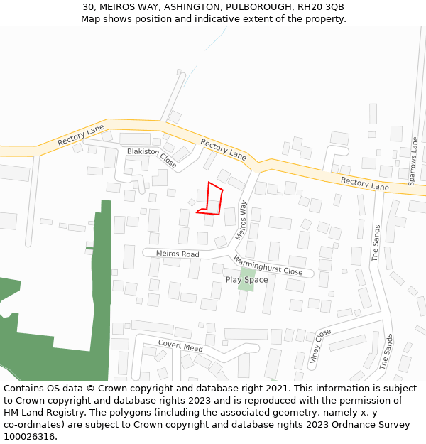 30, MEIROS WAY, ASHINGTON, PULBOROUGH, RH20 3QB: Location map and indicative extent of plot