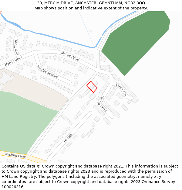 30, MERCIA DRIVE, ANCASTER, GRANTHAM, NG32 3QQ: Location map and indicative extent of plot