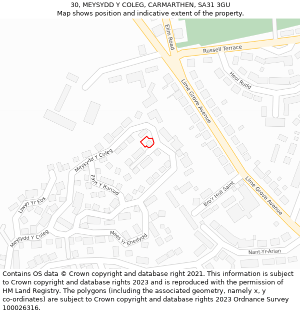 30, MEYSYDD Y COLEG, CARMARTHEN, SA31 3GU: Location map and indicative extent of plot