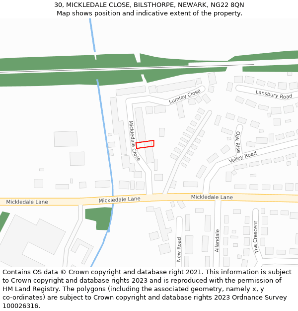 30, MICKLEDALE CLOSE, BILSTHORPE, NEWARK, NG22 8QN: Location map and indicative extent of plot