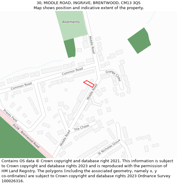 30, MIDDLE ROAD, INGRAVE, BRENTWOOD, CM13 3QS: Location map and indicative extent of plot