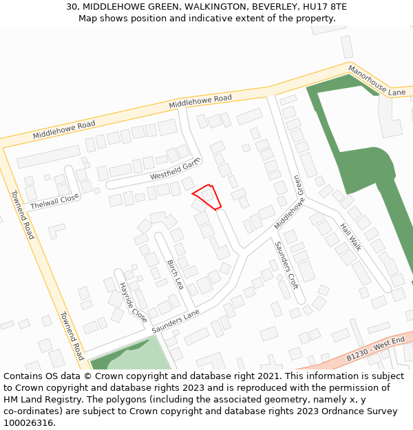 30, MIDDLEHOWE GREEN, WALKINGTON, BEVERLEY, HU17 8TE: Location map and indicative extent of plot