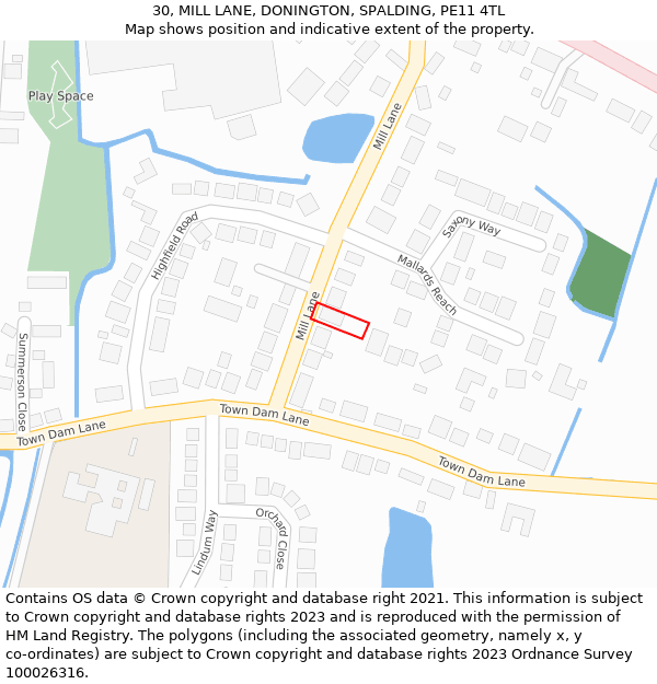 30, MILL LANE, DONINGTON, SPALDING, PE11 4TL: Location map and indicative extent of plot