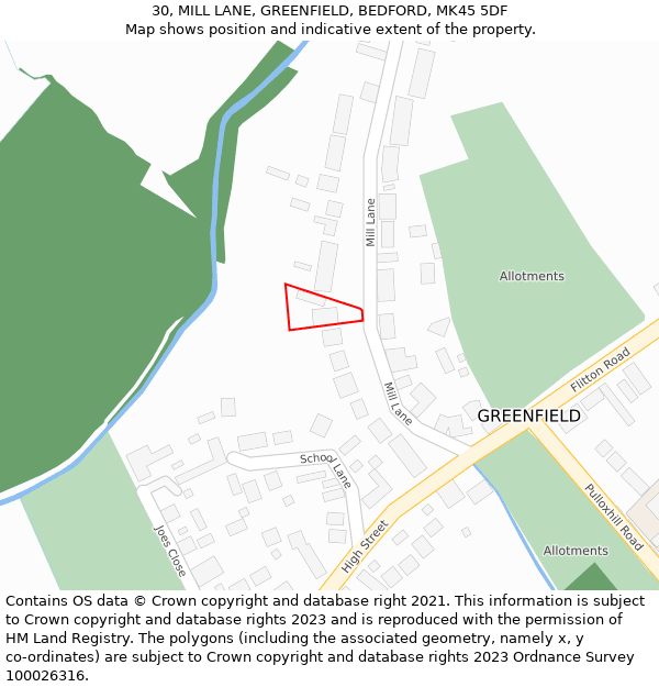 30, MILL LANE, GREENFIELD, BEDFORD, MK45 5DF: Location map and indicative extent of plot