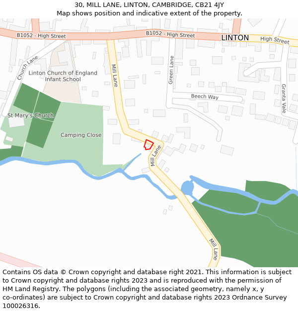 30, MILL LANE, LINTON, CAMBRIDGE, CB21 4JY: Location map and indicative extent of plot