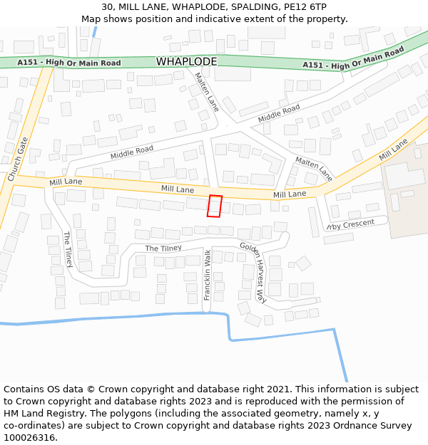 30, MILL LANE, WHAPLODE, SPALDING, PE12 6TP: Location map and indicative extent of plot