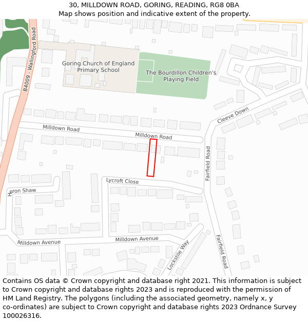 30, MILLDOWN ROAD, GORING, READING, RG8 0BA: Location map and indicative extent of plot