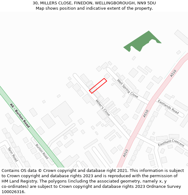 30, MILLERS CLOSE, FINEDON, WELLINGBOROUGH, NN9 5DU: Location map and indicative extent of plot