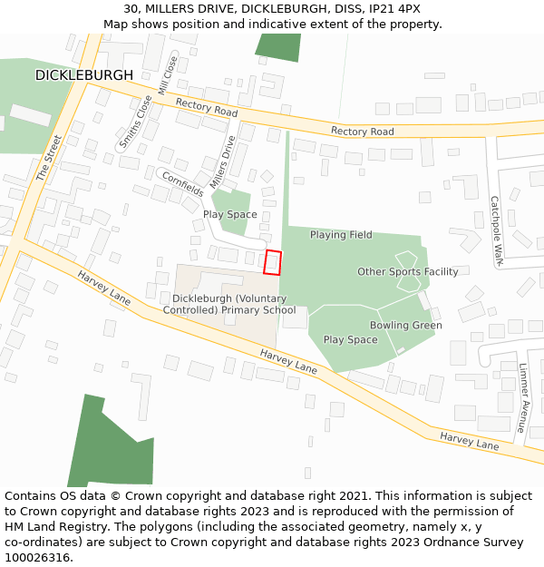 30, MILLERS DRIVE, DICKLEBURGH, DISS, IP21 4PX: Location map and indicative extent of plot