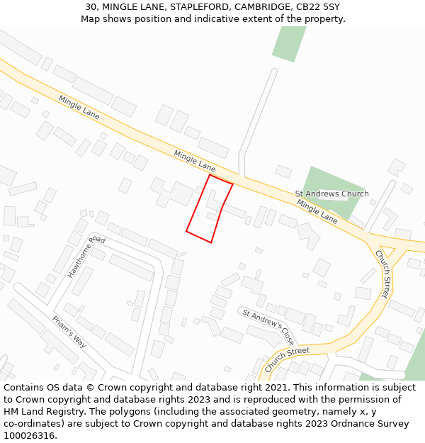 30, MINGLE LANE, STAPLEFORD, CAMBRIDGE, CB22 5SY: Location map and indicative extent of plot