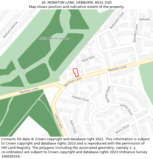 30, MONKTON LANE, HEBBURN, NE31 2GD: Location map and indicative extent of plot