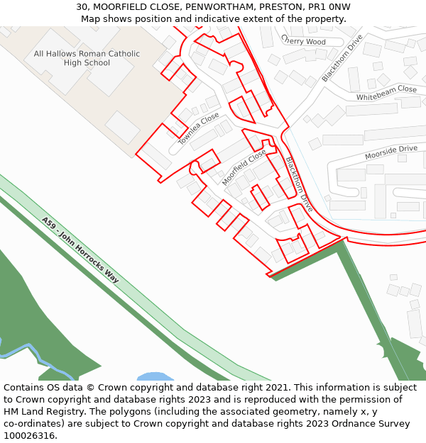 30, MOORFIELD CLOSE, PENWORTHAM, PRESTON, PR1 0NW: Location map and indicative extent of plot