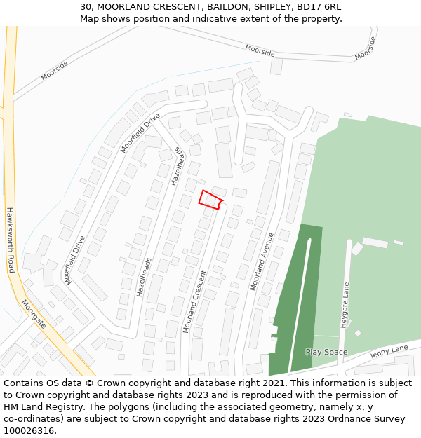 30, MOORLAND CRESCENT, BAILDON, SHIPLEY, BD17 6RL: Location map and indicative extent of plot