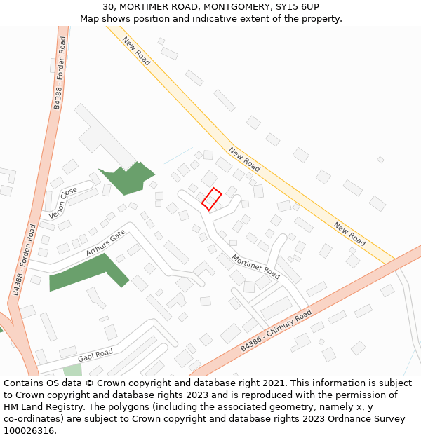 30, MORTIMER ROAD, MONTGOMERY, SY15 6UP: Location map and indicative extent of plot