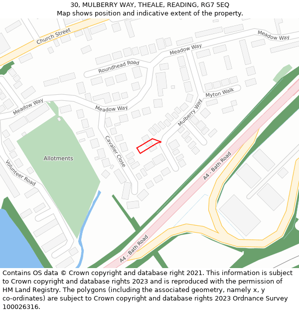 30, MULBERRY WAY, THEALE, READING, RG7 5EQ: Location map and indicative extent of plot