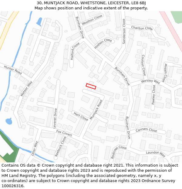 30, MUNTJACK ROAD, WHETSTONE, LEICESTER, LE8 6BJ: Location map and indicative extent of plot