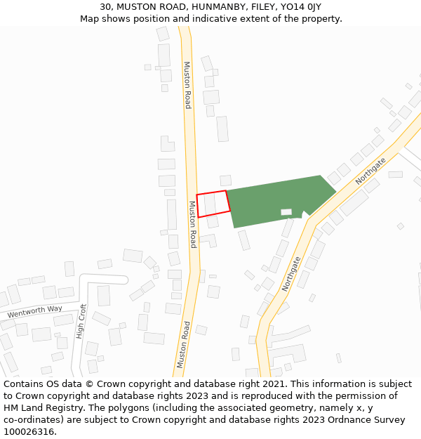 30, MUSTON ROAD, HUNMANBY, FILEY, YO14 0JY: Location map and indicative extent of plot