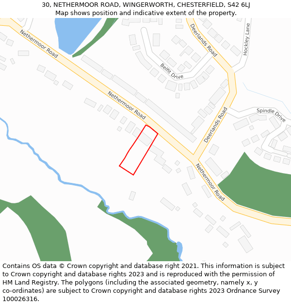 30, NETHERMOOR ROAD, WINGERWORTH, CHESTERFIELD, S42 6LJ: Location map and indicative extent of plot