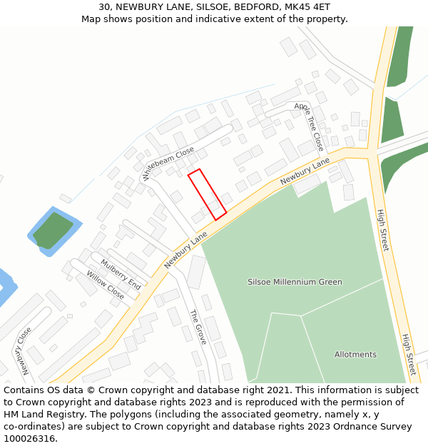 30, NEWBURY LANE, SILSOE, BEDFORD, MK45 4ET: Location map and indicative extent of plot