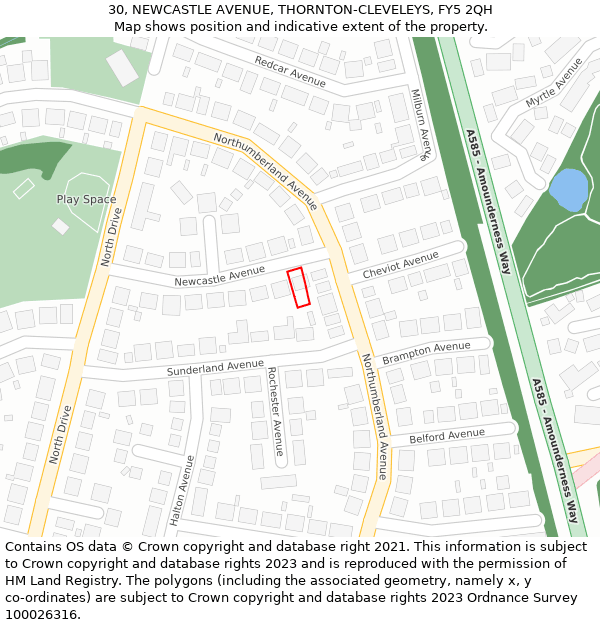 30, NEWCASTLE AVENUE, THORNTON-CLEVELEYS, FY5 2QH: Location map and indicative extent of plot
