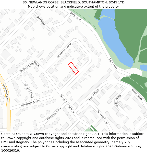 30, NEWLANDS COPSE, BLACKFIELD, SOUTHAMPTON, SO45 1YD: Location map and indicative extent of plot