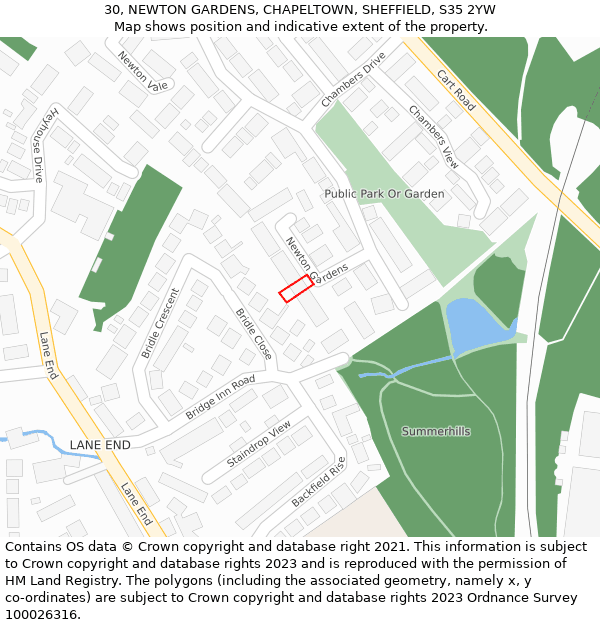 30, NEWTON GARDENS, CHAPELTOWN, SHEFFIELD, S35 2YW: Location map and indicative extent of plot