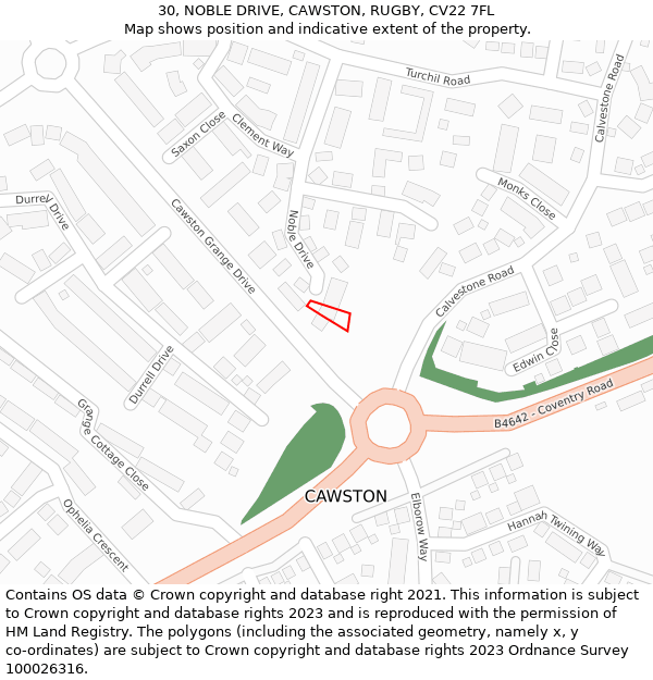 30, NOBLE DRIVE, CAWSTON, RUGBY, CV22 7FL: Location map and indicative extent of plot