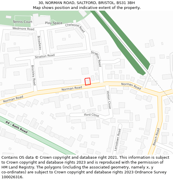 30, NORMAN ROAD, SALTFORD, BRISTOL, BS31 3BH: Location map and indicative extent of plot