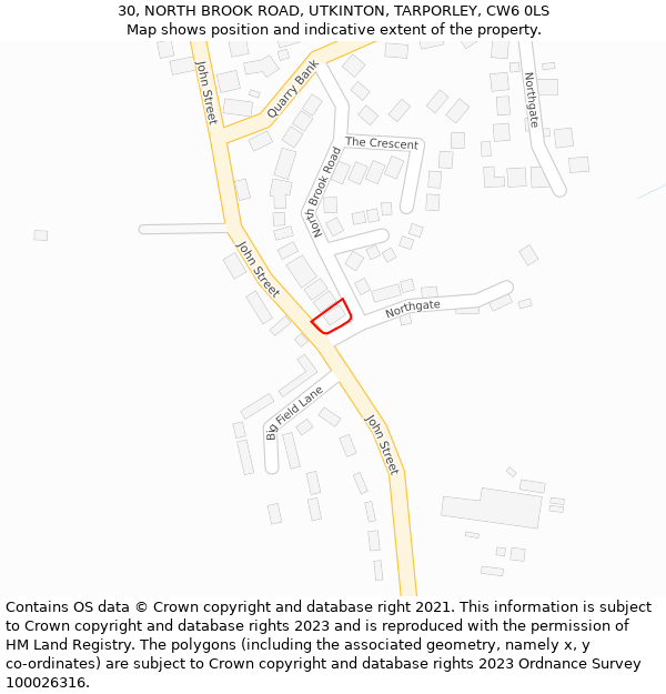 30, NORTH BROOK ROAD, UTKINTON, TARPORLEY, CW6 0LS: Location map and indicative extent of plot