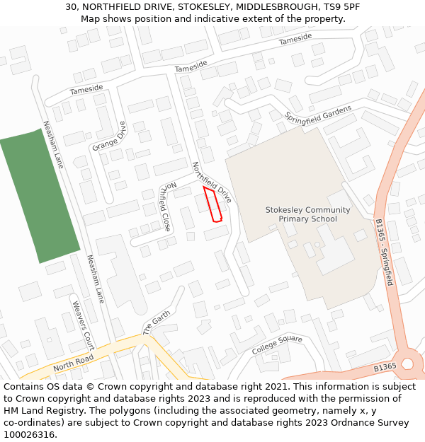 30, NORTHFIELD DRIVE, STOKESLEY, MIDDLESBROUGH, TS9 5PF: Location map and indicative extent of plot