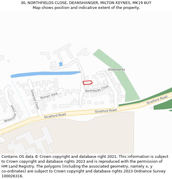 30, NORTHFIELDS CLOSE, DEANSHANGER, MILTON KEYNES, MK19 6UY: Location map and indicative extent of plot