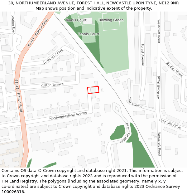 30, NORTHUMBERLAND AVENUE, FOREST HALL, NEWCASTLE UPON TYNE, NE12 9NR: Location map and indicative extent of plot