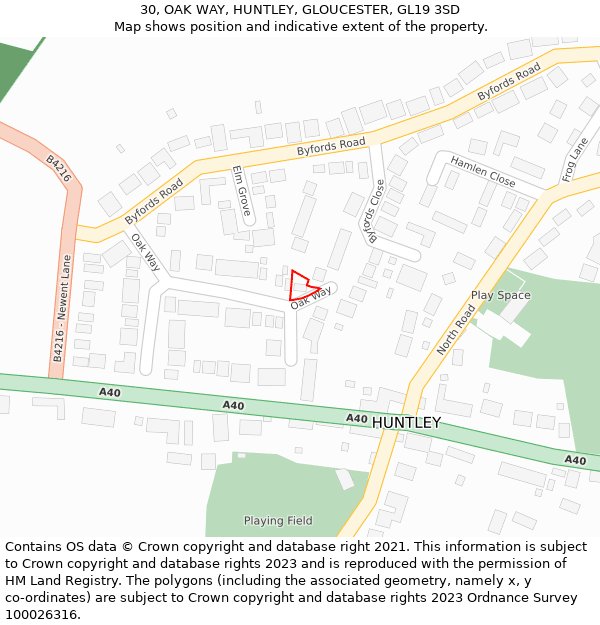 30, OAK WAY, HUNTLEY, GLOUCESTER, GL19 3SD: Location map and indicative extent of plot