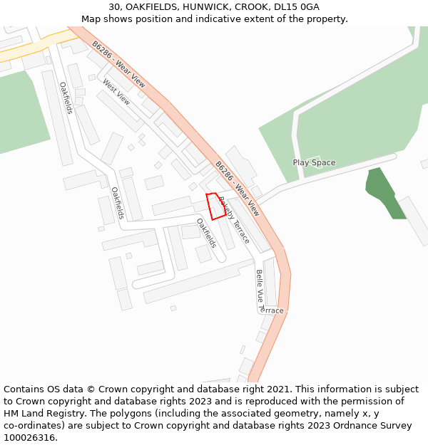 30, OAKFIELDS, HUNWICK, CROOK, DL15 0GA: Location map and indicative extent of plot