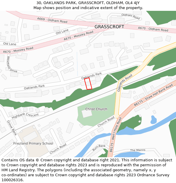 30, OAKLANDS PARK, GRASSCROFT, OLDHAM, OL4 4JY: Location map and indicative extent of plot