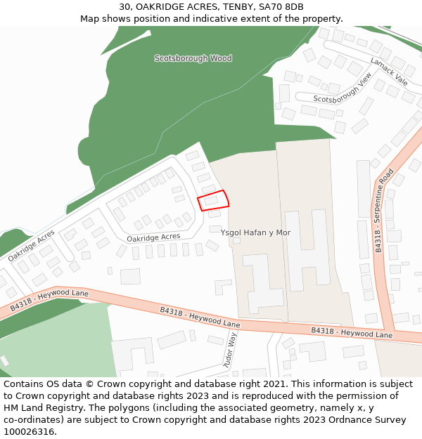 30, OAKRIDGE ACRES, TENBY, SA70 8DB: Location map and indicative extent of plot