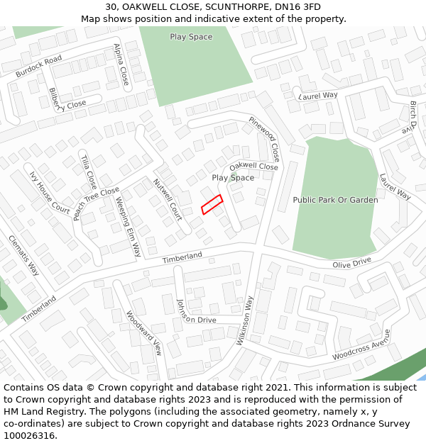 30, OAKWELL CLOSE, SCUNTHORPE, DN16 3FD: Location map and indicative extent of plot