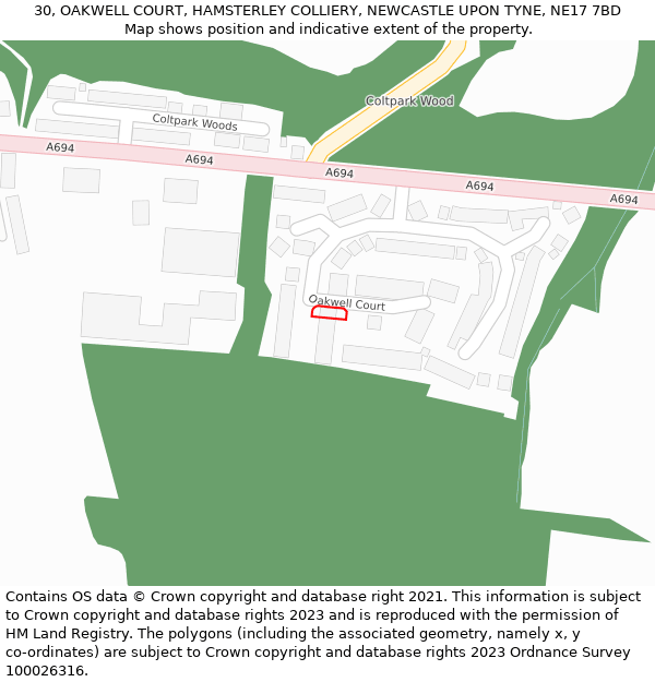 30, OAKWELL COURT, HAMSTERLEY COLLIERY, NEWCASTLE UPON TYNE, NE17 7BD: Location map and indicative extent of plot