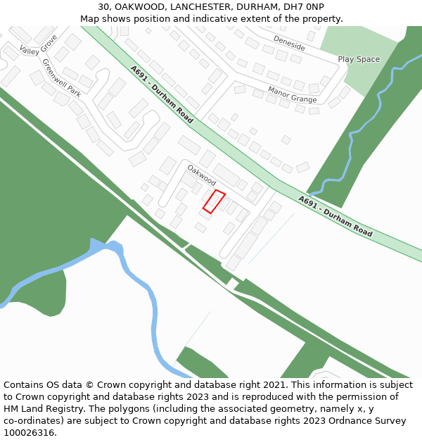 30, OAKWOOD, LANCHESTER, DURHAM, DH7 0NP: Location map and indicative extent of plot